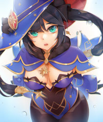 Rule 34 | 1girl, arms behind back, bababababan, black gloves, black hair, black pantyhose, blue background, blue sleeves, breasts, brown leotard, cleavage, cowboy shot, detached sleeves, fur collar, genshin impact, gloves, gradient background, green eyes, hair ornament, hat, large breasts, leotard, long hair, looking at viewer, mona (genshin impact), open mouth, pantyhose, purple hat, solo, twintails, white background, witch hat