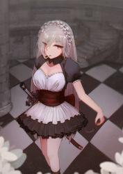 Rule 34 | 1girl, absurdres, arm up, breasts, checkered floor, cigarette, cleavage, collar, column, dress, eyes visible through hair, feet out of frame, from above, hair over one eye, highres, indoors, katana, layered dress, long hair, looking at viewer, maid, maid headdress, matches, medium breasts, original, petticoat, pillar, puffy short sleeves, puffy sleeves, red eyes, sheath, sheathed, short sleeves, silver hair, smoke, smoking, solo, stairs, sword, tile floor, tiles, very long hair, weapon, yukineko