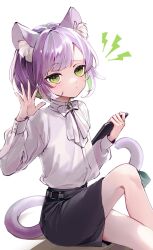 Rule 34 | 1girl, animal ear fluff, animal ears, black skirt, cat ears, cat girl, cat tail, commission, crossed legs, flat chest, green eyes, green hair, highres, indie virtual youtuber, long sleeves, looking at viewer, multicolored hair, office lady, purple hair, redrabbit44, second-party source, shirt, short hair, shwaa, sitting, skeb commission, skirt, tablet pc, tail, two-tone hair, virtual youtuber, white shirt