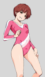 Rule 34 | 1girl, athletic leotard, breasts, brown eyes, brown hair, covered navel, cowboy shot, grey background, highres, leotard, original, parted lips, pink leotard, short hair, small breasts, solo, standing, wacchi