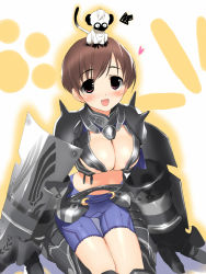 Rule 34 | 1girl, armor, bad id, bad pixiv id, breasts, brown hair, cleavage, fang, fantasy earth zero, female focus, heart, kneeling, large breasts, open mouth, red eyes, smile, solo, ui (kirin)