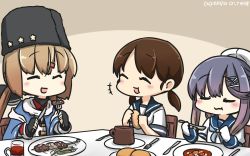 Rule 34 | 3girls, black hat, blue shawl, blush, bread, brown hair, chair, closed eyes, commentary, dated, eating, fingerless gloves, food, fork, fur hat, gloves, gradient hair, hair ornament, hairclip, hamu koutarou, hat, highres, holding, holding food, kantai collection, knife, low twintails, multicolored hair, multiple girls, open mouth, papakha, plate, sailor collar, sailor hat, school uniform, serafuku, shawl, shirayuki (kancolle), table, tashkent (kancolle), tsushima (kancolle), twintails