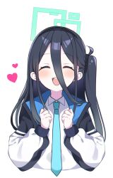 Rule 34 | 1girl, :d, ^ ^, aris (blue archive), bad id, bad twitter id, black hair, black hairband, blue archive, blue necktie, blush, closed eyes, commentary, hair between eyes, hairband, halo, heart, highres, jacket, long hair, long sleeves, murase48, necktie, open mouth, shirt, side ponytail, simple background, smile, solo, symbol-only commentary, teeth, tt (tamate), upper body, upper teeth only, white background, white jacket, white shirt