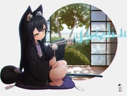 Rule 34 | animal ear fluff, animal ears, black hair, black shorts, blush, chromatic aberration, cleaning, cleaning weapon, closed mouth, commentary request, crossed legs, day, fox ears, fox girl, fox tail, green eyes, grey background, highres, holding, holding sword, holding weapon, japanese clothes, katana, kimono, kuro kosyou, long hair, looking away, obi, open clothes, original, purple kimono, sash, sheath, short shorts, shorts, sitting, sliding doors, solo, sword, tail, tree, very long hair, weapon, yui (kuro kosyou)