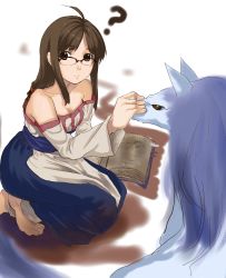 Rule 34 | 1girl, ?, animal, arc the lad, arc the lad ii, bad id, bad pixiv id, bare shoulders, barefoot, book, breasts, brown eyes, brown hair, cleavage, dress, feet, female focus, glasses, kagematsuri, kneeling, lieza (arc the lad), long hair, medium breasts, monster, paundit, solo, white background, wolf
