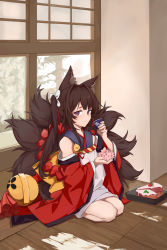 Rule 34 | 1girl, absurdres, amagi-chan (azur lane), animal ear fluff, azur lane, brown hair, brown tail, cake, cake slice, coat, flower, food, highres, indoors, long hair, looking at viewer, multiple tails, pink flower, purple eyes, red coat, seiza, sitting, solo, tail, wooden floor, xiangxinliao