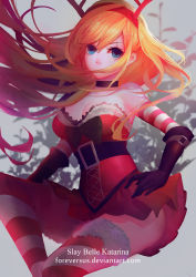 Rule 34 | 1girl, absurdres, artist name, black gloves, blue eyes, breasts, choker, christmas, cleavage, dress, elbow gloves, foreversus, gloves, hand on own hip, highres, horns, katarina (league of legends), league of legends, long hair, medium breasts, orange hair, scar, scar across eye, scar on face, slay belle katarina, solo, strapless, strapless dress, striped clothes, striped thighhighs, thighhighs, watermark, web address