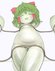 Rule 34 | 1girl, arms behind head, bow, closed eyes, commentary request, cookie (touhou), facing viewer, feet out of frame, gesuto (nicoseiga78479089), green hair, hair bow, hair tubes, lying, medium hair, open mouth, red bow, reu (cookie), reu daikon, rope, shadow, smile, solo, thick thighs, thighs