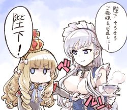 Rule 34 | assisted exposure, azur lane, belfast (azur lane), black hairband, blonde hair, blue eyes, blush, bow, braid, breasts, chain, collar, commentary request, crown, cup, detached sleeves, french braid, gloves, hair bow, hairband, highres, ishiyumi, jitome, large breasts, long hair, maid, maid headdress, mini crown, multiple girls, pulling another&#039;s clothes, queen elizabeth (azur lane), silver hair, speech bubble, teacup, translation request, white gloves