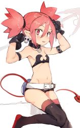 Rule 34 | 1girl, armband, bare shoulders, belt, black choker, black footwear, black gloves, blush, choker, commentary request, demon girl, demon tail, disgaea, earrings, etna (disgaea), flat chest, gloves, hands up, highres, hiranko, holding, jewelry, legs together, looking at viewer, makai senki disgaea, micro shorts, navel, parted lips, pink eyes, pink hair, pointy ears, shorts, skull earrings, smile, solo, tail, thighhighs, twintails
