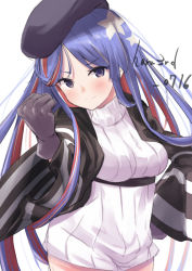 Rule 34 | 1girl, beret, black hat, black jacket, blue hair, breasts, commentary request, hat, jacket, kantai collection, large breasts, long hair, looking at viewer, multicolored hair, official alternate costume, one-hour drawing challenge, red hair, ribbed sweater, sanninme no haru, simple background, solo, south dakota (kancolle), star (symbol), sweater, upper body, white background, white hair, white sweater