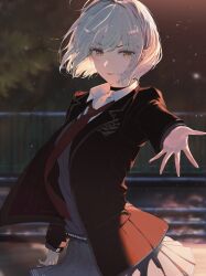 Rule 34 | 1girl, black choker, black jacket, blazer, blurry, blurry background, brown eyes, choker, collarbone, collared shirt, fate/grand order, fate (series), floating hair, grey skirt, grey sweater, highres, jacket, jeanne d&#039;arc alter (fate), long sleeves, looking at viewer, miniskirt, necktie, open clothes, open jacket, outdoors, pleated skirt, red necktie, shirt, short hair, skirt, slinkyxx, smile, solo, standing, sweater, white hair, white shirt, wing collar