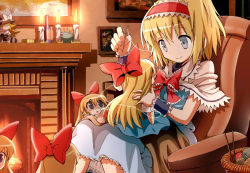 Rule 34 | 1girl, alice margatroid, blonde hair, blue eyes, bottle, bow, bowtie, braid, broom, candle, capelet, chair, character doll, female focus, fireplace, givuchoko, hair bow, hairband, hat, hat bow, kirisame marisa, knitting needle, long hair, needle, photo (object), pin, sewing, shanghai doll, short hair, single braid, sitting, smile, solo, touhou, witch, witch hat, wrist cuffs, yarn, yarn ball