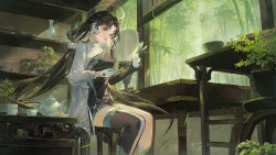 Rule 34 | 1girl, bamboo, bamboo forest, black hair, bookshelf, bug, chair, cup, dragonfly, ergouzi echo, forest, gloves, holding, holding cup, holding plate, insect, jianxin (wuthering waves), long hair, nature, plant, plate, potted plant, single thighhigh, sitting, table, teapot, thighhighs, twintails, very long hair, wuthering waves