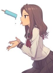 Rule 34 | 1girl, black skirt, brown eyes, brown hair, dripping, everyntrge, female focus, food, from side, hair ornament, hairclip, long hair, melting, neckerchief, open mouth, original, pleated skirt, popsicle, profile, red neckerchief, school uniform, serafuku, sexually suggestive, shirt, simple background, skirt, solo, tongue, tongue out, upper body, white background, white shirt