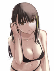 Rule 34 | 1girl, alternate costume, arm support, asakiri koko, bikini, black bikini, breasts, brown hair, cleavage, cowboy shot, from above, girls&#039; frontline, green hair, hair between eyes, halterneck, halterneck, hand in own hair, highres, light smile, long hair, looking at another, looking at viewer, m4a1 (girls&#039; frontline), medium breasts, navel, smile, solo, swimsuit, wet, white background