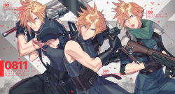 Rule 34 | 3boys, aged down, aged up, arm ribbon, armor, asymmetrical hair, belt, black pants, blonde hair, blue eyes, blue pants, blue shirt, buster sword, cloud strife, crisis core final fantasy vii, earrings, fighting stance, final fantasy, final fantasy vii, final fantasy vii advent children, final fantasy vii remake, fusion swords, gloves, grey background, gun, hair between eyes, high collar, holding, holding gun, holding sword, holding weapon, jewelry, jou (mono), lower teeth only, multiple belts, multiple boys, official alternate costume, open collar, open mouth, pants, ribbon, shirt, shoulder armor, single earring, sleeves rolled up, spiked hair, square enix, suspenders, sword, teeth, upper body, upper teeth only, weapon
