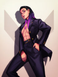 Rule 34 | 1girl, abs, belt, black hair, black nails, black suit, breasts, commentary, earclip, earrings, english commentary, eyeliner, fang, fingernails, formal, gem, gradient hair, hair slicked back, hand in pocket, highres, jacket, jewelry, lips, long hair, looking at viewer, makeup, medium breasts, multicolored hair, nail polish, no bra, nose, open clothes, open jacket, pant suit, pants, purple eyes, purple hair, qtori, reyna (valorant), solo, suit, toned, topless male, valorant