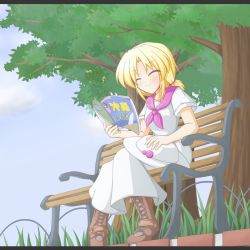 Rule 34 | 1girl, bench, blonde hair, boots, chair, cop (shokkidana), demon, dress, closed eyes, female focus, hat, louise (touhou), magazine (object), mystic square, police, short hair, sitting, smile, solo, touhou, touhou (pc-98), tree