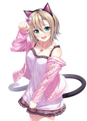Rule 34 | 1girl, animal ears, arm up, bare shoulders, blonde hair, blush, bow, breasts, brown skirt, camisole, cardigan, cat ears, cat tail, cleavage, collarbone, cowboy shot, fake animal ears, fang, green eyes, hair between eyes, hair bow, hasumi (hasubatake39), highres, idolmaster, idolmaster cinderella girls, jewelry, looking at viewer, medium breasts, necklace, open cardigan, open clothes, open mouth, paw pose, pink bow, plaid, plaid skirt, short hair, simple background, skirt, smile, solo, sweatdrop, tada riina, tail, white background
