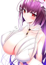 Rule 34 | 1girl, absurdres, bikini, blush, breasts, fate/grand order, fate (series), highres, huge breasts, lee-taro, purple hair, red eyes, scathach (fate), scathach skadi (fate), scathach skadi (swimsuit ruler) (fate), solo, swimsuit