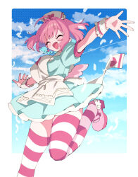 Rule 34 | 1girl, ^ ^, ahoge, angel wings, apron, aqua dress, aqua hair, blue sky, blush stickers, bob cut, border, breasts, closed eyes, cloud, cloudy sky, colored inner hair, commentary, day, dress, earrings, fang, feathers, feet up, hair intakes, happy, hat, heart, heart print, high heels, highres, idolmaster, idolmaster cinderella girls, idolmaster cinderella girls starlight stage, jewelry, large breasts, leg up, low wings, medium hair, multicolored hair, nurse cap, open mouth, outstretched arms, pill earrings, pink footwear, pink hair, pink thighhighs, pink wings, polka dot, polka dot background, pumps, short sleeves, skin fang, sky, smile, solo, spread arms, striped clothes, striped thighhighs, sukoyaka (100hituzi), symbol-only commentary, thighhighs, thighs, tongue, two-tone hair, two-tone thighhighs, white apron, white border, white hat, white thighhighs, white wrist cuffs, winged footwear, wings, wrist cuffs, yumemi riamu