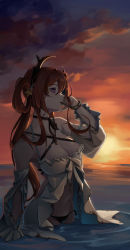 Rule 34 | 1girl, absurdres, arknights, backlighting, bare shoulders, bikini, bikini under clothes, black bikini, black choker, bracelet, breasts, burnt clothes, choker, cleavage, cloud, cloudy sky, collarbone, cowboy shot, cy9, detached sleeves, evening, hair ornament, hair rings, highres, horizon, horns, jewelry, large breasts, long hair, long sleeves, mouth hold, navel, ocean, official alternate costume, popsicle stick, purple eyes, red hair, revision, side-tie bikini bottom, sky, solo, star (symbol), star hair ornament, sunlight, sunset, surtr (arknights), surtr (colorful wonderland) (arknights), swimsuit, swimsuit under clothes, very long hair, wading, water
