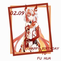 Rule 34 | 1girl, animal hands, bare shoulders, black shorts, black sports bra, cacoka cck, character name, chinese clothes, claws, dated, detached sleeves, elbow gloves, eyeliner, fu hua, fu hua (garuda), gloves, hair between eyes, happy birthday, highres, honkai (series), honkai impact 3rd, light smile, long hair, looking at viewer, low-tied long hair, low twintails, makeup, multicolored hair, red eyeliner, red eyes, red gloves, red hair, red rope, red scales, rope, short shorts, shorts, simple background, solo, sports bra, sportswear, streaked hair, symbol-shaped pupils, tail, thighs, twintails, two-tone hair, white background, white hair, yellow pupils