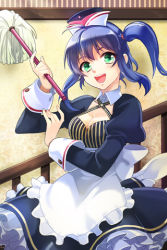 Rule 34 | 1girl, apron, blue hair, bow, breasts, cleavage, detached collar, dress, duster, feather duster, frilled dress, frills, green eyes, grin, hat, holding, layered dress, lowres, maid, maid apron, open mouth, pinstripe pattern, shokill, side ponytail, smile, solo, striped, sword girls, syokil