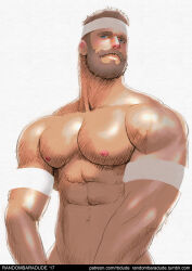 Rule 34 | 1boy, abs, armband, bad id, bad tumblr id, bara, beard, blue eyes, brown hair, closed mouth, expressionless, facial hair, headband, looking at viewer, male focus, muscular, muscular male, navel, nipples, original, pectorals, randombaradude, short hair, simple background, solo, thick beard, thick eyebrows, thick mustache, upper body, white background