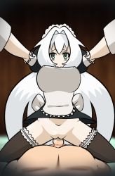 Rule 34 | 1boy, 1girl, animated, animated gif, apron, bed, bedroom, black thighhighs, bouncing breasts, breasts, covered erect nipples, emilia hermit, girl on top, green eyes, hetero, hundred (light novel), large breasts, long hair, looking at viewer, maid, maid apron, maid headdress, nubiananan, nude, pov, sex, solo focus, thighhighs, uncensored, vaginal, very long hair, white hair