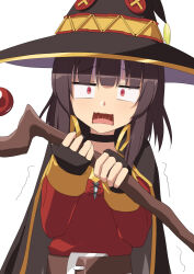 Rule 34 | 1girl, black choker, black gloves, black hair, black hat, blunt bangs, choker, commentary, dress, fingerless gloves, gloves, hands up, hat, holding, holding staff, kono subarashii sekai ni shukufuku wo!, long sleeves, looking at viewer, megumin, open mouth, rectangular mouth, red dress, red eyes, short hair with long locks, simple background, solo, staff, straight-on, surprised, trembling, umarutsufuri, upper body, white background, wide-eyed, witch hat