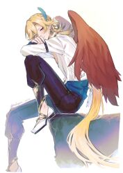 Rule 34 | 1boy, black pants, blonde hair, blue feathers, blush, brown hair, closed mouth, earrings, feather hair ornament, feathered wings, feathers, full body, genshin impact, hair ornament, highres, jewelry, kaveh (genshin impact), long sleeves, looking at viewer, male focus, medium hair, multicolored hair, pants, rakuyou ame, red eyes, red wings, shirt, sitting, smile, solo, tail, very long tail, white shirt, wings