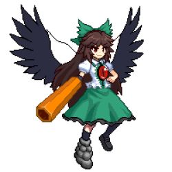 Rule 34 | 1girl, arm cannon, asymmetrical footwear, bird wings, black footwear, black frills, black wings, blouse, bow, brown hair, cape, collared shirt, control rod, frilled skirt, frills, green bow, green skirt, hair bow, long hair, lowres, mismatched footwear, pixel art, red eyes, reiuji utsuho, shirt, short sleeves, simple background, skirt, smile, solo, starry sky print, third eye, touhou, tsukimiya toito, v-shaped eyebrows, weapon, white background, white shirt, wings
