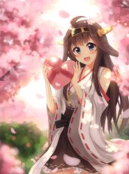 Rule 34 | 10s, 1girl, :d, absurdres, ahoge, blush, box, box of chocolates, brown hair, bush, cherry blossoms, cowboy shot, detached sleeves, flower, frills, gradient background, headgear, heart, heart-shaped box, highres, kantai collection, kongou (kancolle), onamae-kun, open mouth, petals, purple eyes, ribbon, skirt, smile, solo, wide sleeves