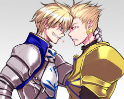 Rule 34 | 2boys, anger vein, archetype saber, armor, arthur pendragon (fate), bad id, bad pixiv id, blonde hair, blue eyes, earrings, face-to-face, fate/prototype, fate/stay night, fate (series), gilgamesh (fate), grin, heart, ironmaskbear, jewelry, male focus, multiple boys, red eyes, smile