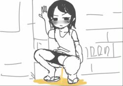 Rule 34 | 1girl, angry, animated, animated gif, black hair, black panties, blush, collarbone, dress, flip-flops, looking at viewer, monochrome, panties, panty pull, peeing, puddle, pussy, sandals, short hair, short sleeves, squatting, tako238, uncensored, underwear