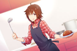 Rule 34 | 10s, 11kkr, 1boy, ;), ;p, ahoge, amagase touma, apron, blush, brown hair, cowboy shot, curry, curry rice, dutch angle, food, idolmaster, idolmaster side-m, jewelry, kitchen, ladle, male focus, necklace, one eye closed, plaid, plaid shirt, red eyes, rice, shirt, sleeves rolled up, smile, solo, tongue, tongue out