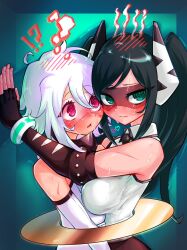 !? 2girls @_@ aygoftenover black_hair blush bound_together box breasts dunant_pilse elbow_gloves embarrassed fingerless_gloves gloves green_eyes hair_blush heart highres hug in_box in_container lady_black_(shy) long_hair looking_at_another looking_to_the_side medium_breasts medium_hair multiple_girls pink_eyes shy_(character) shy_(series) sleeveless steam sweat twintails upper_body white_hair yuri