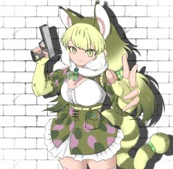 Rule 34 | 1girl, animal ears, bare shoulders, belt, bokoboko (pandagapanda1), camouflage, cat ears, cat girl, cat tail, elbow gloves, extra ears, fingerless gloves, gloves, grey eyes, grey hair, gun, highres, jacket, jungle cat (kemono friends), kemono friends, kemono friends v project, long hair, looking at viewer, microphone, ribbon, shirt, simple background, skirt, solo, tail, twintails, virtual youtuber, weapon