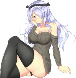 Rule 34 | 1girl, alternate costume, ass, bare shoulders, black panties, blush, breasts, brown eyes, camilla (fire emblem), casual, cleavage, collarbone, curvy, female focus, fire emblem, fire emblem fates, hair over one eye, hairband, hand on own face, large breasts, long hair, looking at viewer, nintendo, noeomi, off shoulder, panties, pantyshot, purple hair, red eyes, simple background, sitting, smile, solo, sweater, thick thighs, thighhighs, thighs, underwear