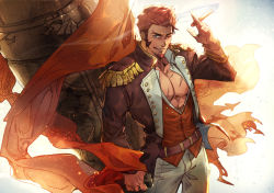 Rule 34 | 1boy, beard, belt, blue eyes, brown hair, cigar, commentary request, cowboy shot, epaulettes, facial hair, fate/grand order, fate (series), hermithessa, huge weapon, jacket, long sideburns, looking at viewer, male focus, manly, military, military jacket, military uniform, muscular, napoleon bonaparte (fate), one eye closed, open clothes, open jacket, oversized object, pectorals, scar, sideburns, smile, smoking, solo, uniform, weapon
