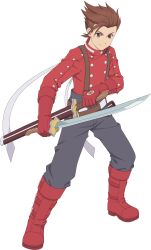 Rule 34 | 1boy, boots, buttons, commentary, dual wielding, english commentary, full body, highres, holding, holding sword, holding weapon, lloyd irving, long sleeves, looking at viewer, male focus, multiple swords, official art, pants, red footwear, smile, solo, spiked hair, suspenders, sword, tales of (series), tales of asteria, tales of symphonia, transparent background, weapon
