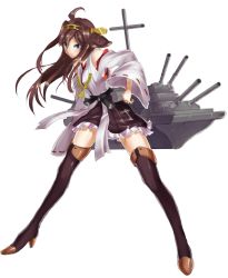 Rule 34 | 10s, 1girl, bad id, bad pixiv id, bare shoulders, black thighhighs, blush, boots, brown hair, cannon, detached sleeves, double bun, grey eyes, hair bun, hair ornament, hairband, headgear, highres, japanese clothes, kantai collection, knee boots, kongou (kancolle), long hair, nontraditional miko, personification, skirt, smile, solo, thigh boots, thighhighs, turret, yayayaya (munedoki)