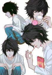 Rule 34 | 1boy, bags under eyes, black eyes, black hair, candy, commentary, cup, death note, denim, drinking, eating, food, highres, jeans, knees up, l (death note), lollipop, long sleeves, male focus, messy hair, multiple views, pants, pocky, shirt, simple background, sitting, softp3ach, symbol-only commentary, teacup, white background, white shirt