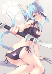 Rule 34 | 10s, 1girl, animal ears, aqua eyes, ass, bare shoulders, bell, blue hair, blush, bow (weapon), breasts, butt crack, cat cutout, cat ear panties, cat ears, cat lingerie, cat tail, cleavage, cleavage cutout, clothing cutout, hair ornament, hairclip, highres, itoichi., jingle bell, kneeling, looking at viewer, looking back, medium breasts, meme attire, panties, short hair, side-tie panties, sinon, sinon (sao-alo), solo, sword art online, tail, underwear, underwear only, weapon
