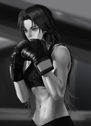 Rule 34 | 1girl, bare shoulders, blurry, blurry background, boxing, boxing gloves, breasts, commentary, english commentary, eyelashes, fighting stance, greyscale, hands up, highres, leehwa (2hwa), lips, long hair, looking away, midriff, monochrome, navel, original, parted lips, sleeveless, solo, sports bra, toned, upper body