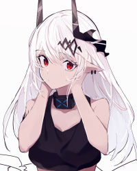 Rule 34 | 1girl, arknights, bare arms, bare shoulders, black collar, collar, hair between eyes, highres, horns, infection monitor (arknights), long hair, looking at viewer, mudrock (arknights), pointy ears, red eyes, simple background, solo, sports bra, tetuw, upper body, white background, white hair