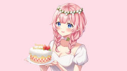Rule 34 | 1girl, blue eyes, blush, braid, breasts, cake, choker, cleavage, collarbone, commission, flower wreath, food, fruit, happy birthday, head wreath, holding, holding food, holding plate, long hair, medium breasts, open mouth, original, pink background, pink hair, plate, puffy short sleeves, puffy sleeves, sakunagita, short sleeves, smile, solo, strawberry, strawberry shortcake, twin braids, upper body