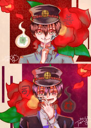 Rule 34 | 2boys, absurdres, black hat, black jacket, black nails, blue necktie, blue shirt, brothers, brown hair, closed mouth, collared shirt, commentary, crazy smile, dated, dated commentary, finger to mouth, fingernails, flower, green eyes, hair between eyes, hanako (jibaku shounen hanako-kun), hand on own neck, hat, high collar, highres, hitodama, jacket, jibaku shounen hanako-kun, long sleeves, lower teeth only, male focus, military hat, multiple boys, multiple views, necktie, ofuda, ofuda on head, open clothes, open jacket, open mouth, petals, pink eyes, red background, red flower, sanshui guantang, shirt, short hair, siblings, signature, smile, straight hair, teeth, turtleneck shirt, twins, two-tone background, two-tone eyes, upper body, white background, white shirt, white sleeves, yugi tsukasa
